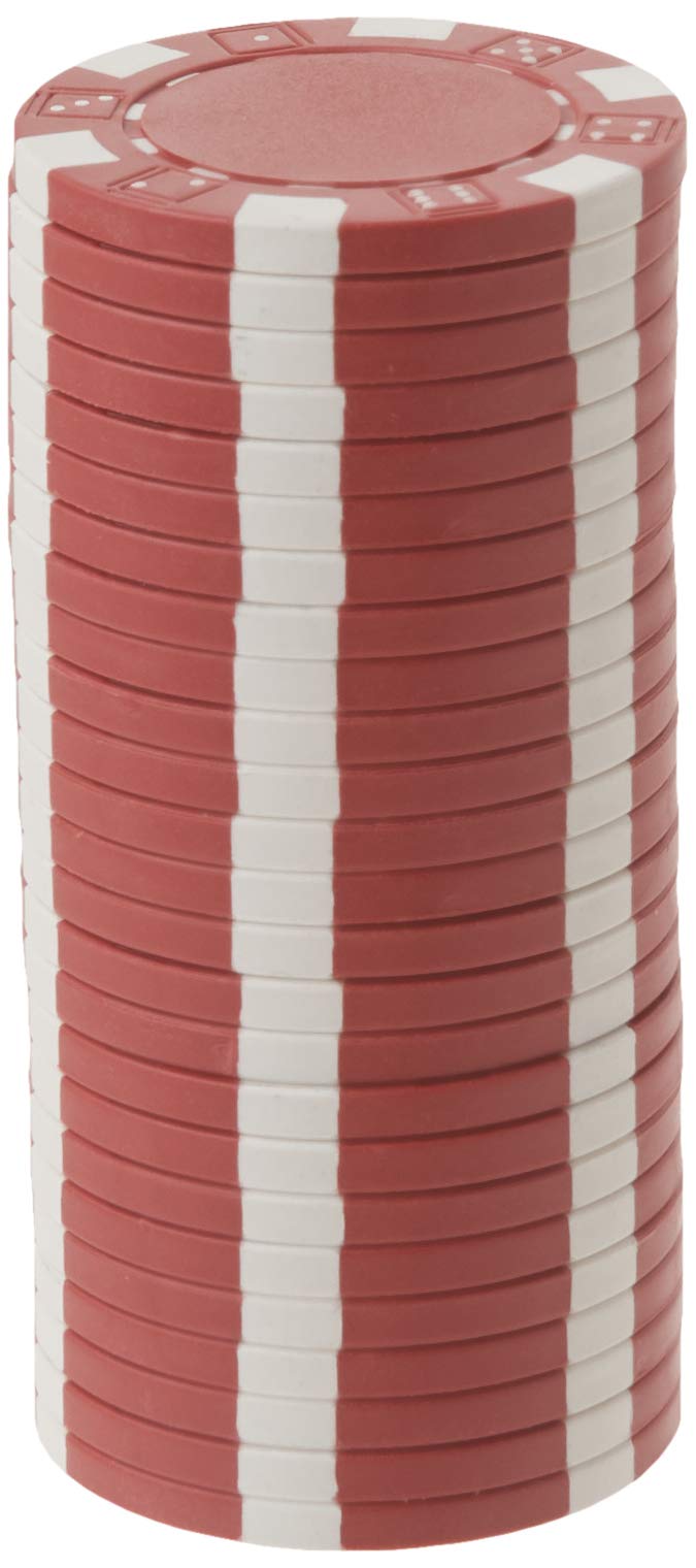 Close-up of DA VINCI 50 dice-striped red chips emphasizing the metal insert and balance