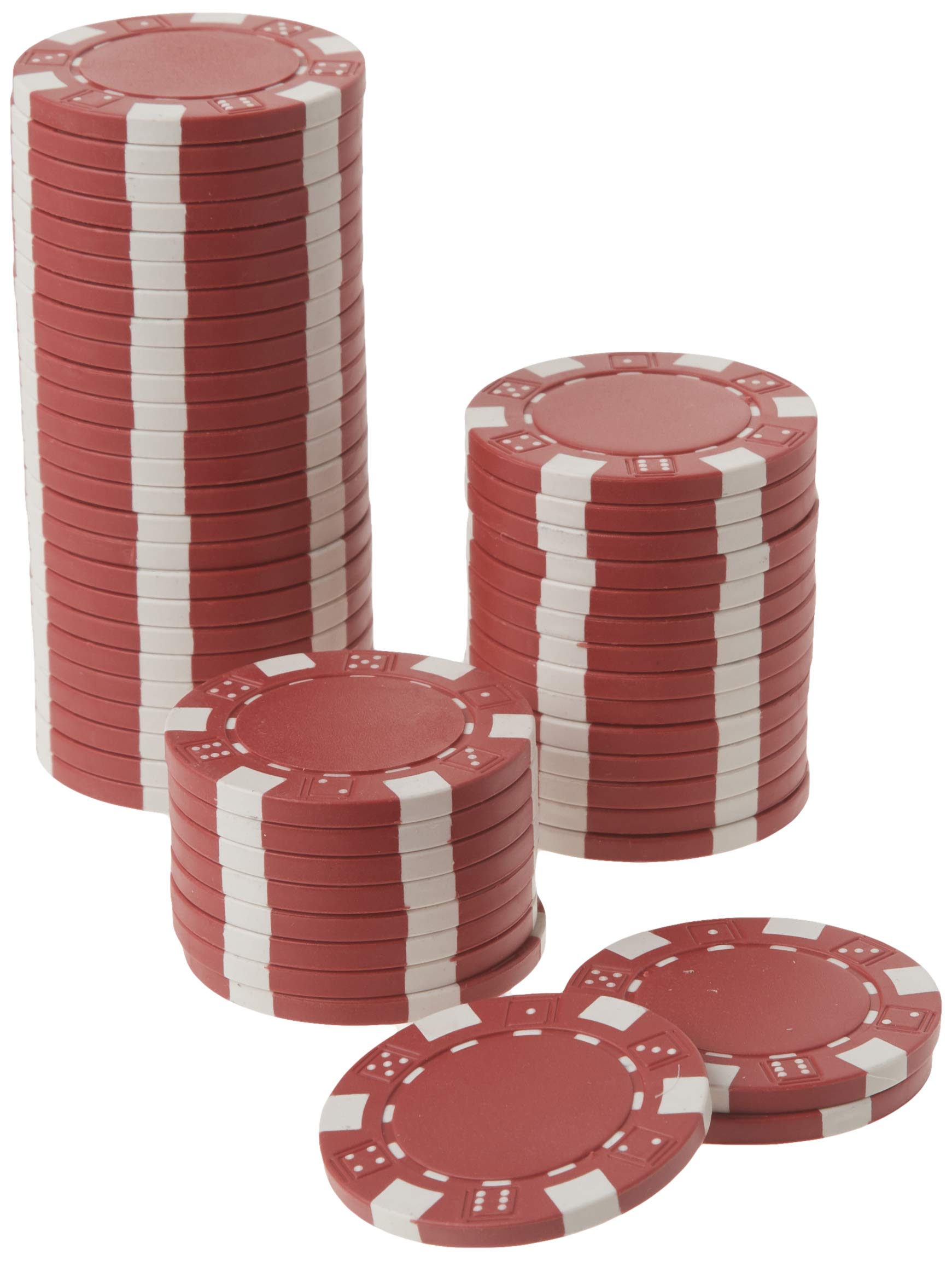 Set of DA VINCI 50 red dice-striped clay chips arranged on a felt surface