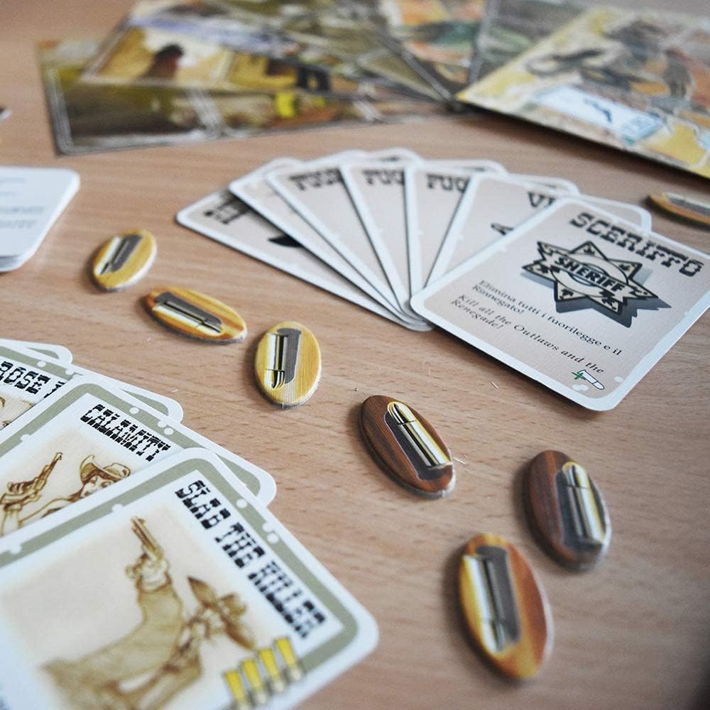 DaVinci Bang! Wild West card game play area around a crowded table