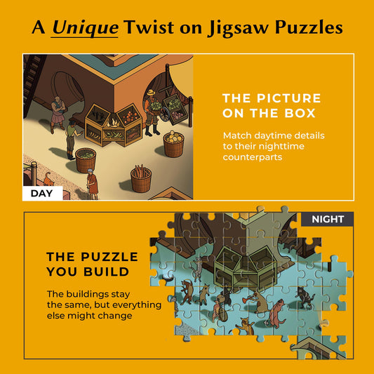 da Vinci's Room Time Warp Night Scene puzzle showcases mood shifts as you piece together
