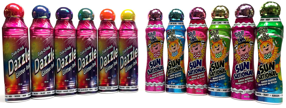 Dab-O-Ink Bingo Dauber mixed dozen set with glitter and bright ink for lively gaming