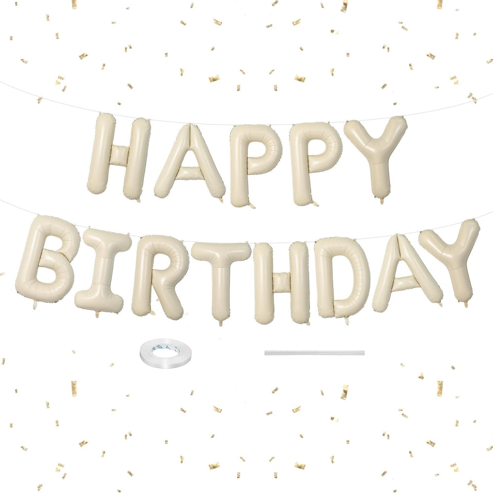 Dagelar Happy Birthday banner in cream white foil letters for festive celebrations.