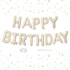 Dagelar Happy Birthday banner in cream white foil letters for festive celebrations.