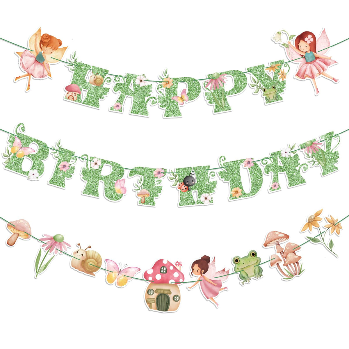 Daifunli green Happy Birthday letters banner for fairy-themed celebrations