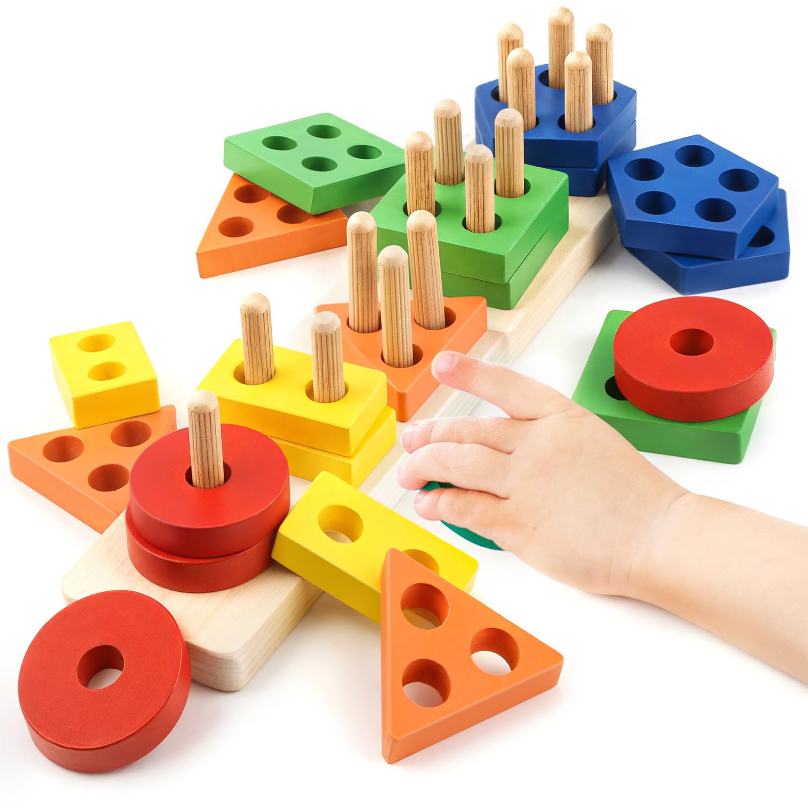 Daisiki Montessori wooden tower puzzle supports fine motor development through stacking play.