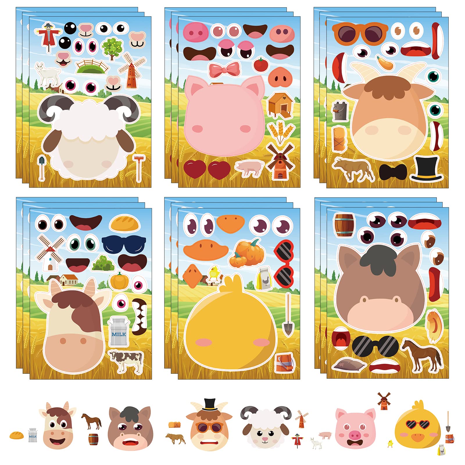 DaiUni 24-sheets farm animal face stickers for kids, perfect for decorating notebooks.