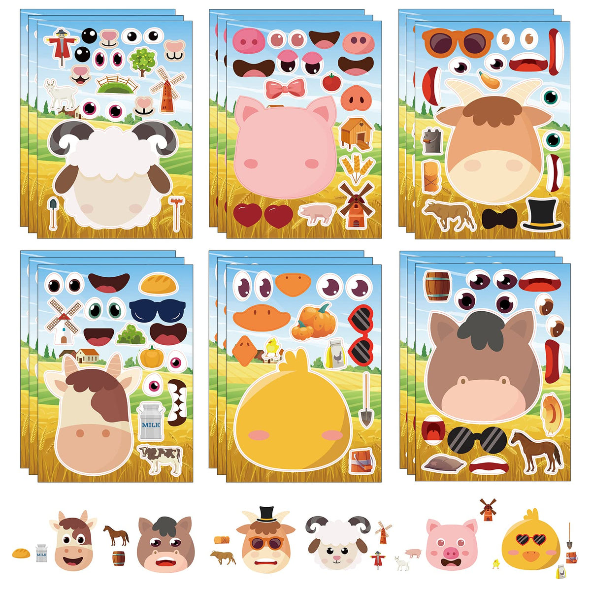 DaiUni 24-sheets farm animal face stickers for kids, perfect for decorating notebooks.