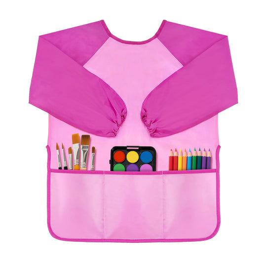 DaiUni pink kids art smock with full sleeves keeps clothes clean during painting.