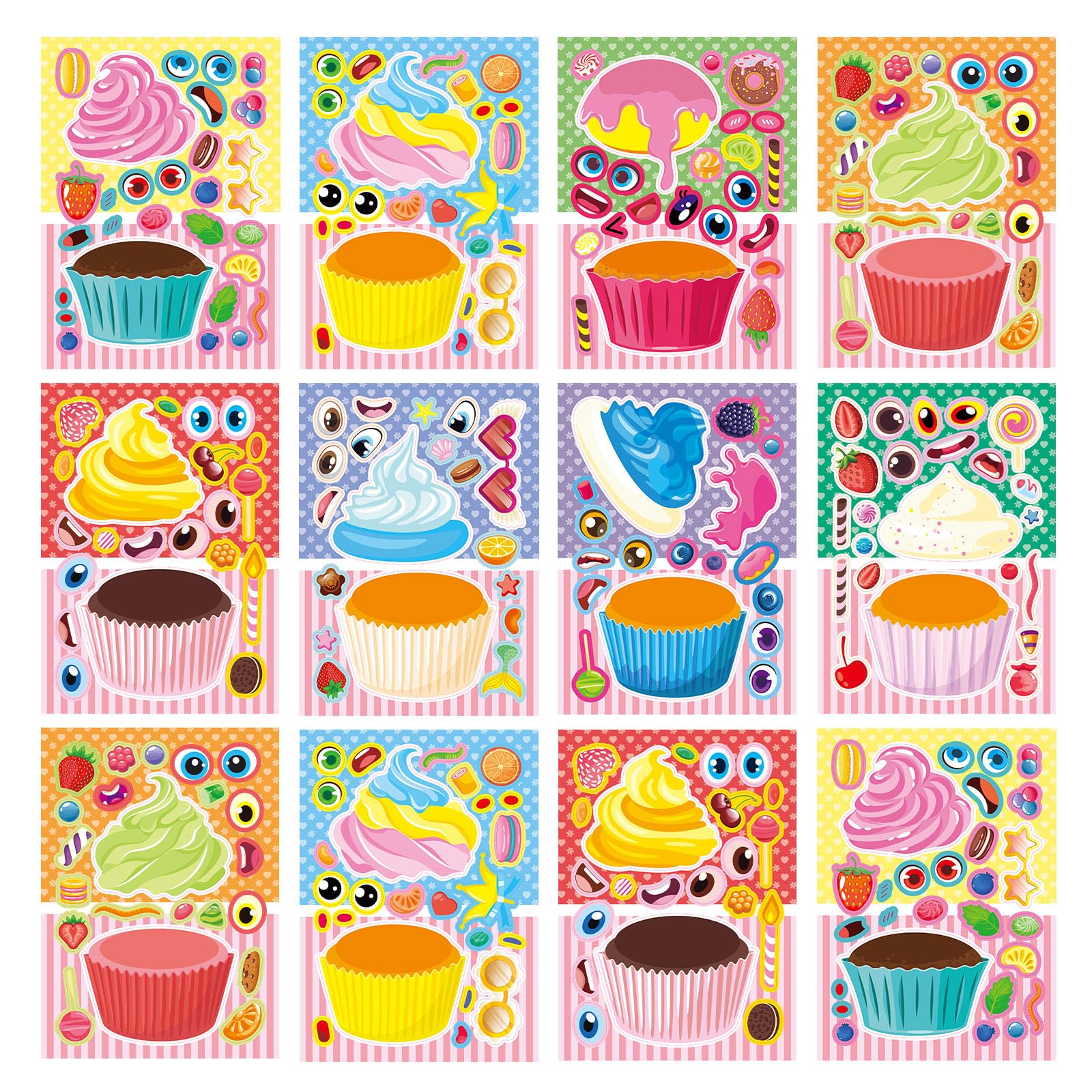 DaiUni cupcake stickers 24 sheets, large easy-to-handle sheets for kids' crafts