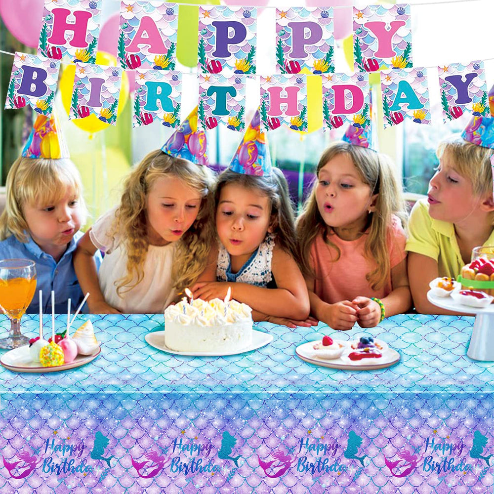 DaiUni mermaid tablecloth full-size cover adds color to the party table.