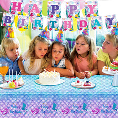 DaiUni mermaid tablecloth full-size cover adds color to the party table.