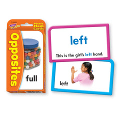 Daler Rowney Opposites Pocket Flash Cards back shows word and sentence for context.