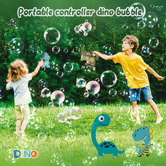 Dali Energy Cat dinosaur bubble machine displayed in a party-ready setup.