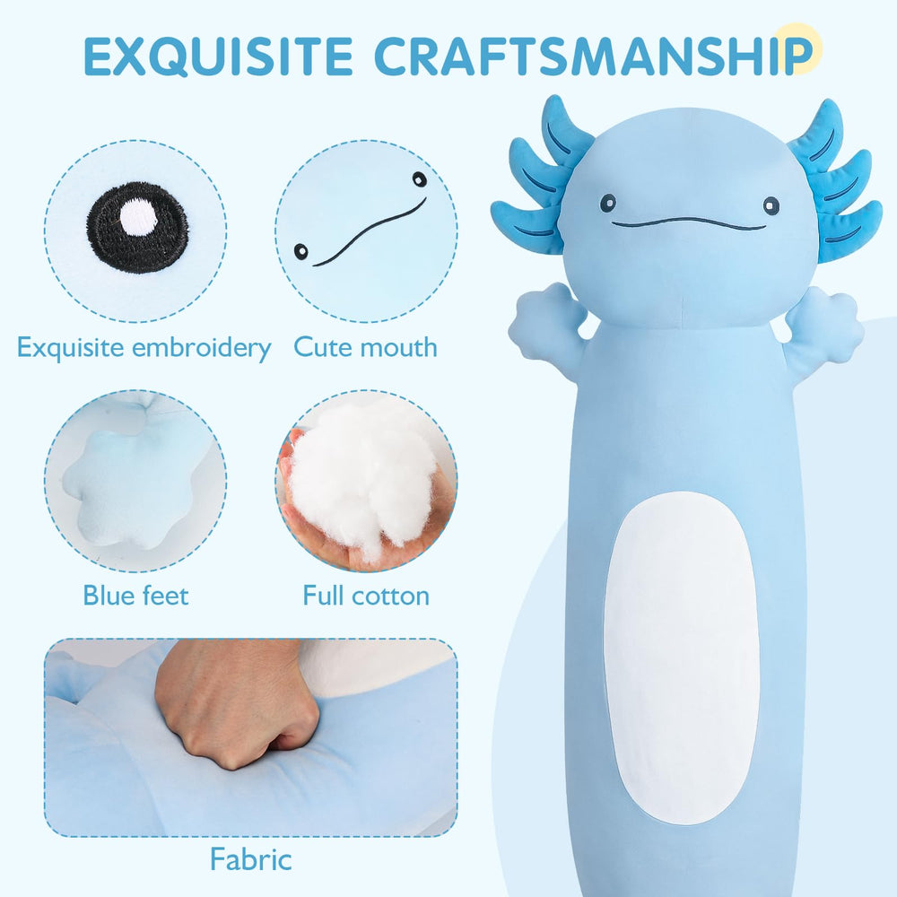 Dalmao blue axolotl plush side view, soft fabric for cozy hugs and relaxed lounging.