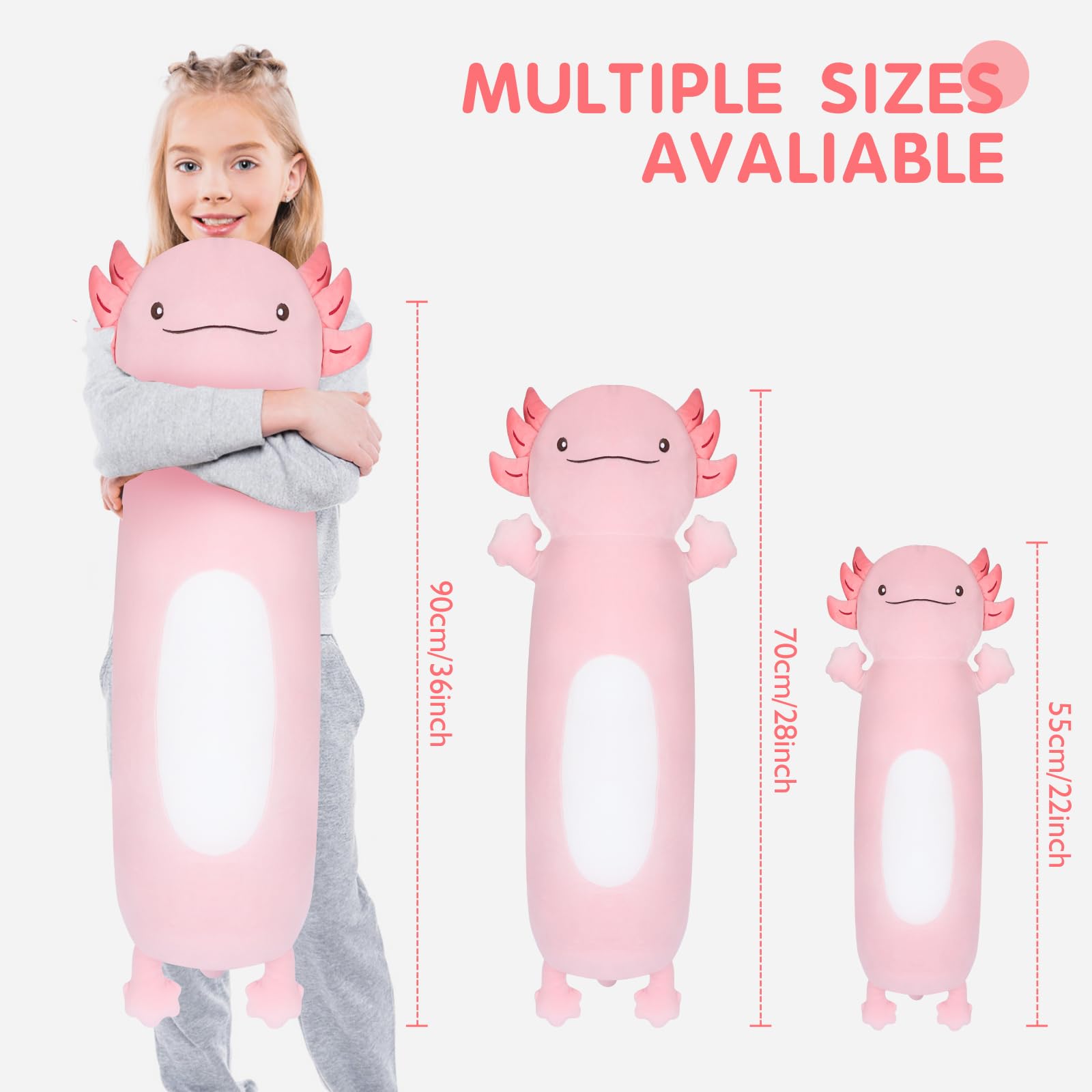 Dalmao long plush axolotl body pillow, ideal for lounging or napping.