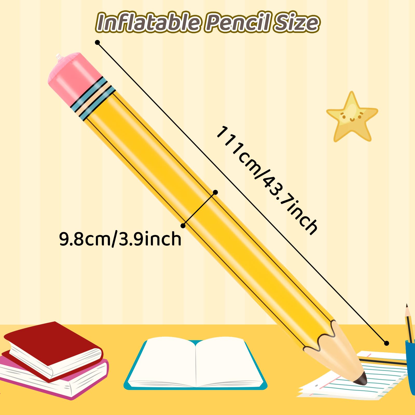 Dalycro giant inflatable pencil, side view, bright yellow for vibrant decor.