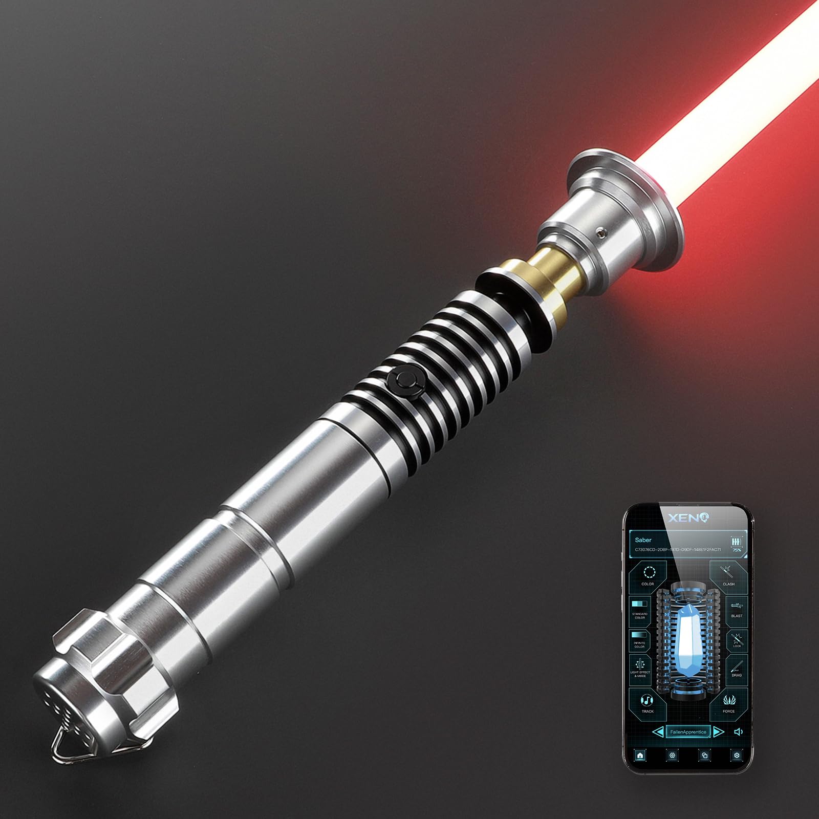 DAMIENSABER Xenopixel V3 hilt top view showing ergonomic grip for dueling