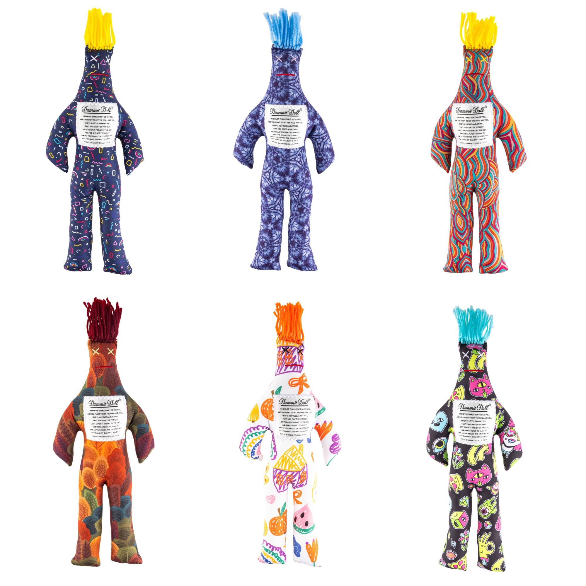Dammit Doll random color packaging shows unpredictable patterns for lighthearted stress relief at home.