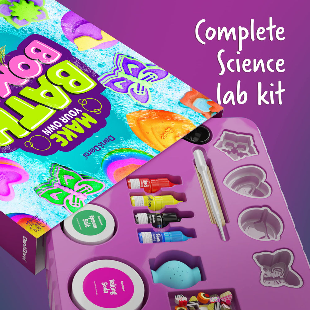Dan&Darci ingredients measured for fizzy, colorful bath bombs and science play.