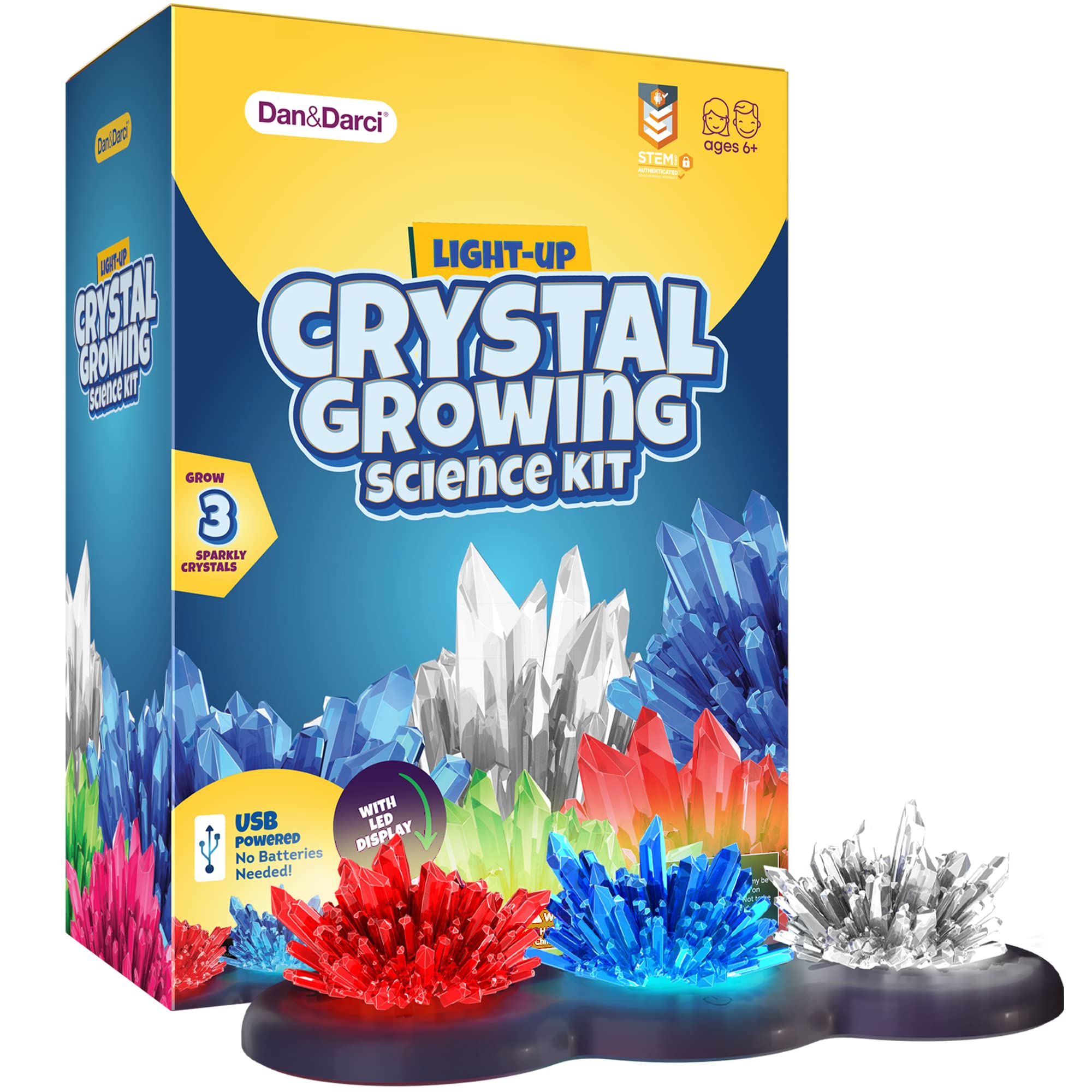 Dan and Darci crystal growing kit glow display for nighttime crystal art.