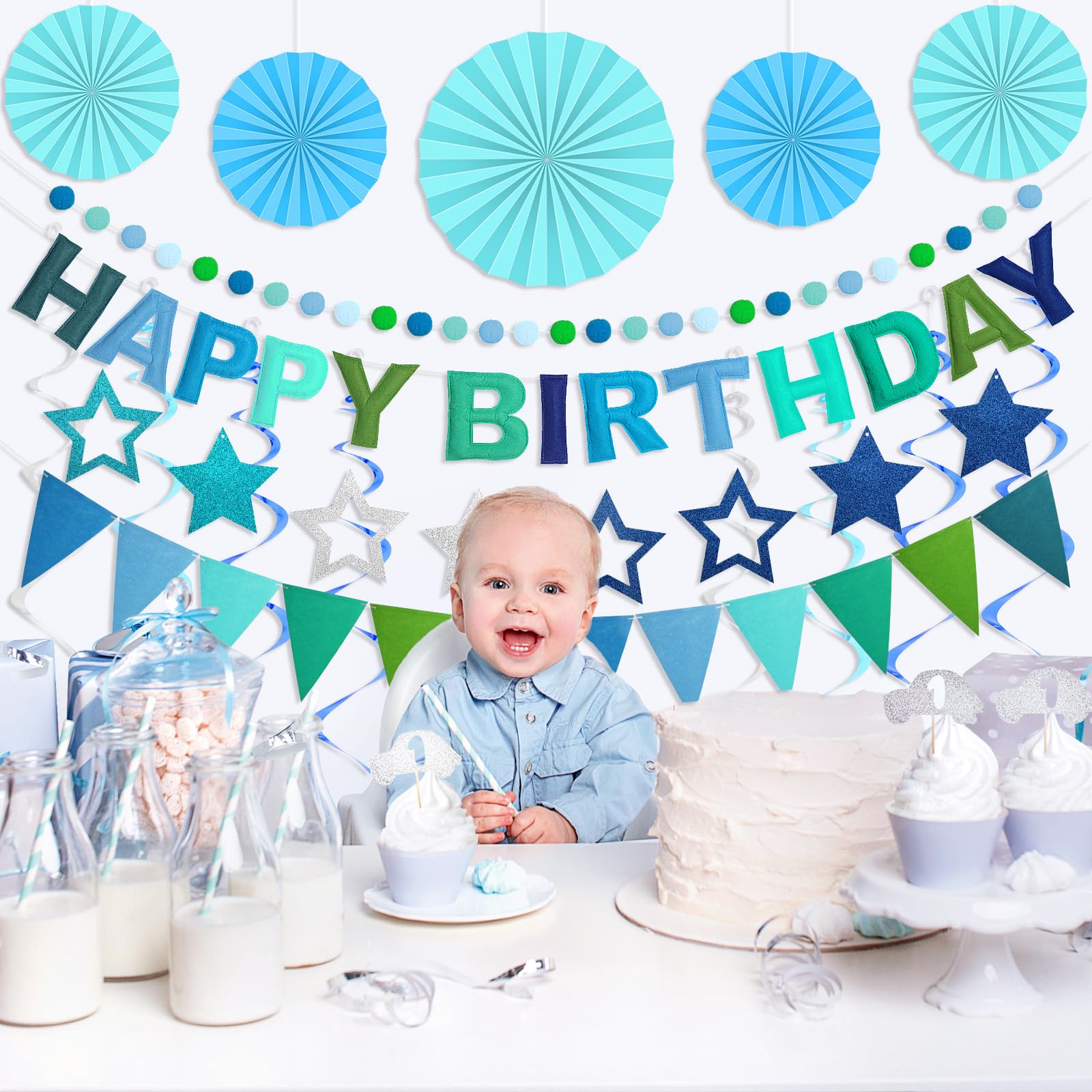Danadia blue pom poms add soft texture and festive color to any party setup.