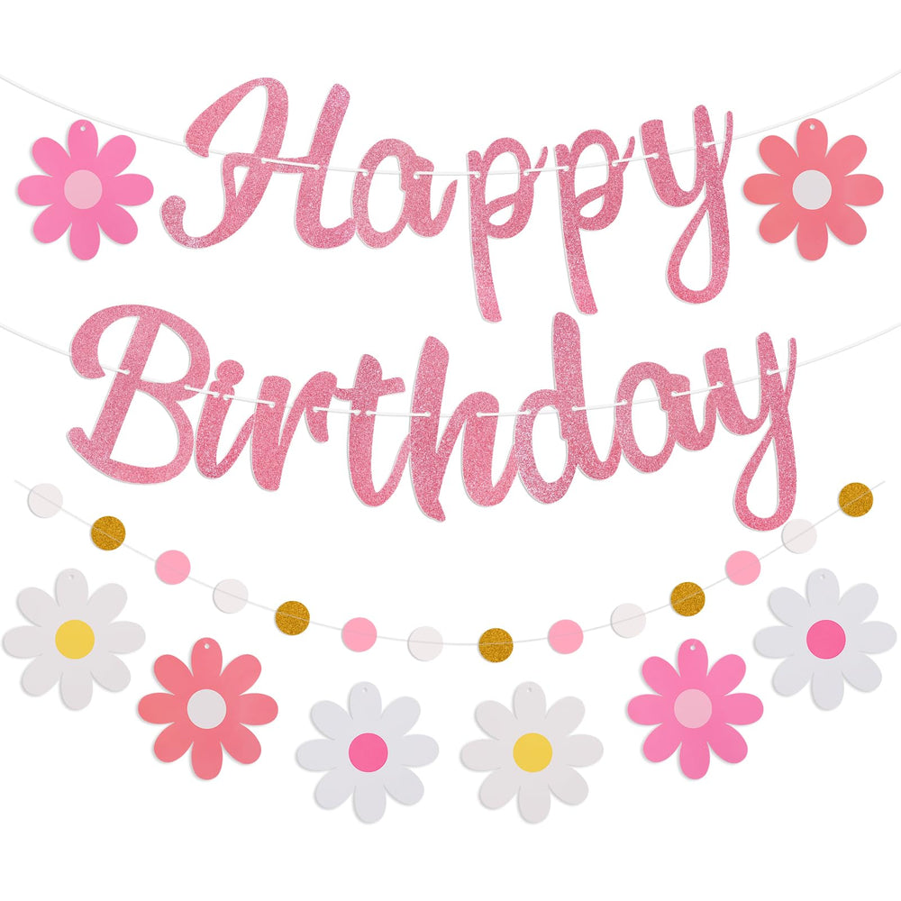 Danadia pre-strung Happy Birthday banner with pink flowers for easy indoor decorating