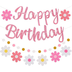 Danadia pre-strung Happy Birthday banner with pink flowers for easy indoor decorating
