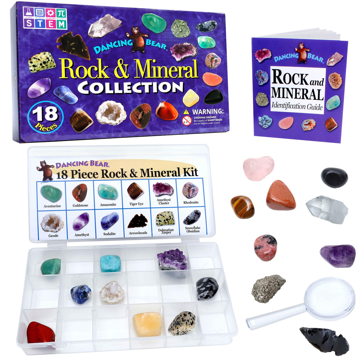 Dancing Bear 18-piece rocks and minerals collection displayed in a crystal-clear case for classroom study.