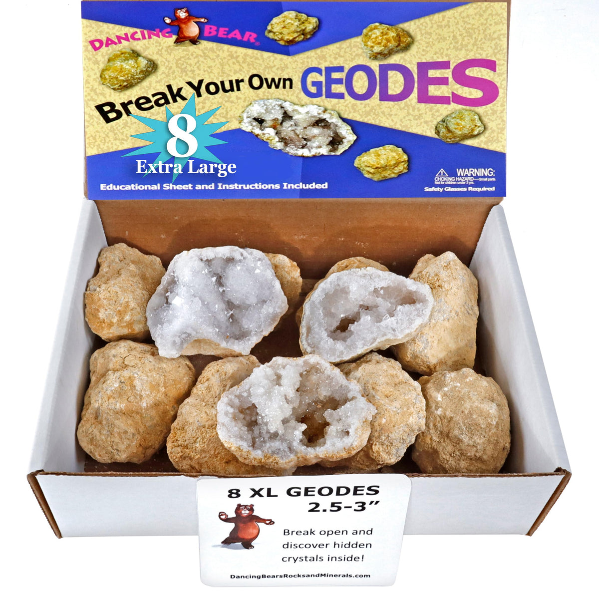 Dancing Bear 8 XL geodes packaging shows gift-ready science fun