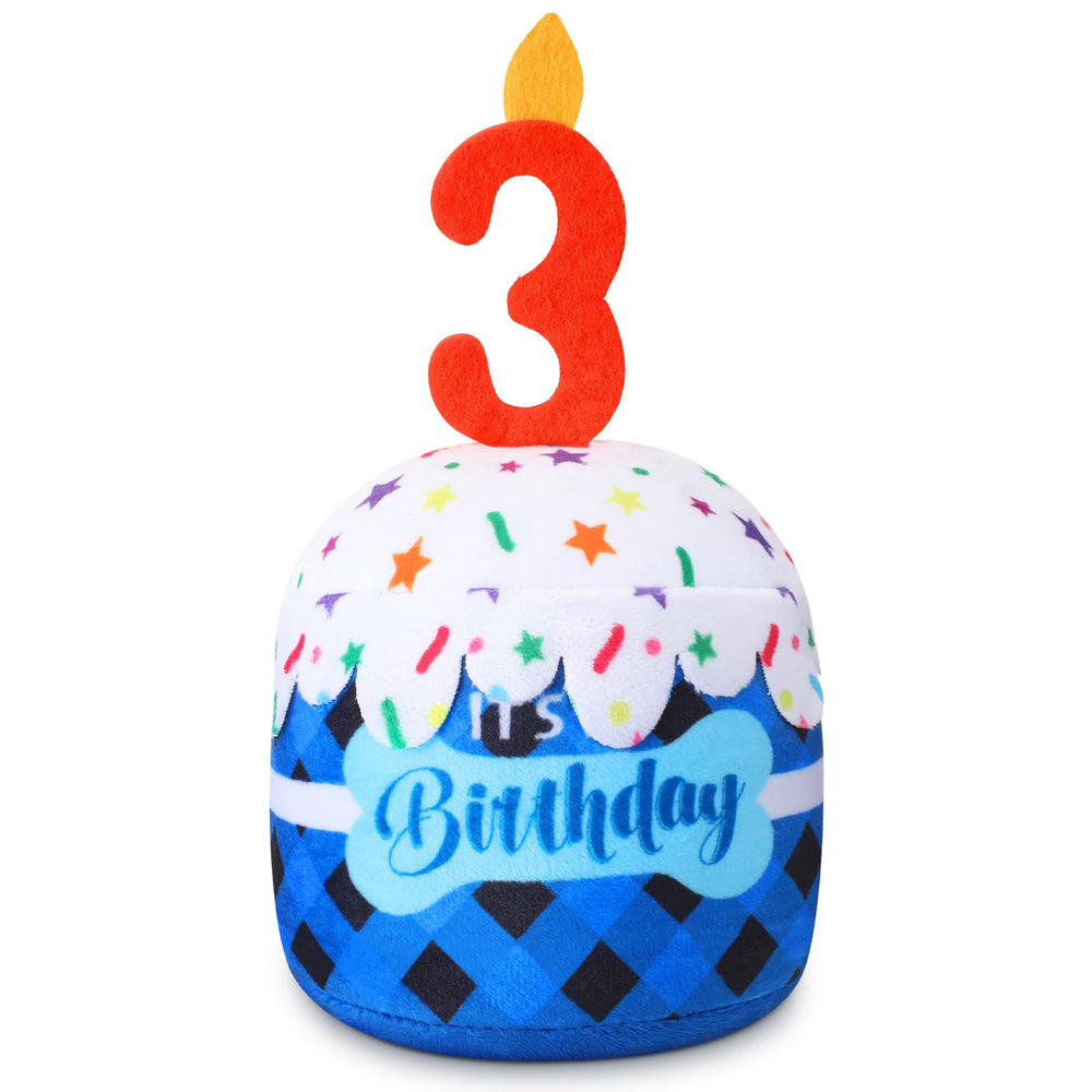Dansydaisy dog 3rd birthday cake toy, front view for celebrations and play.