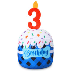 Dansydaisy dog 3rd birthday cake toy, front view for celebrations and play.
