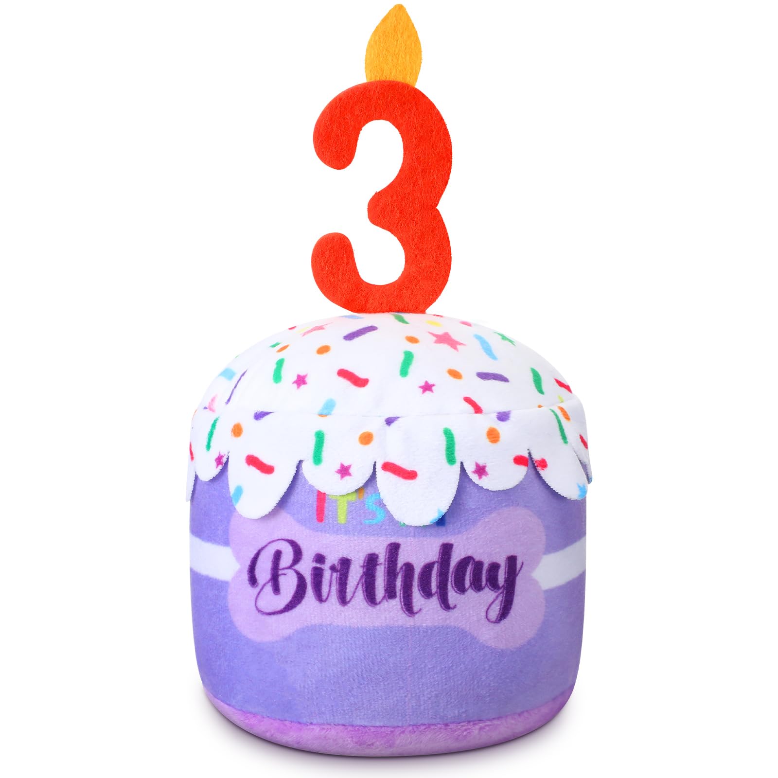 Dansydaisy dog 3rd birthday cake toy in purple for playful celebrations.
