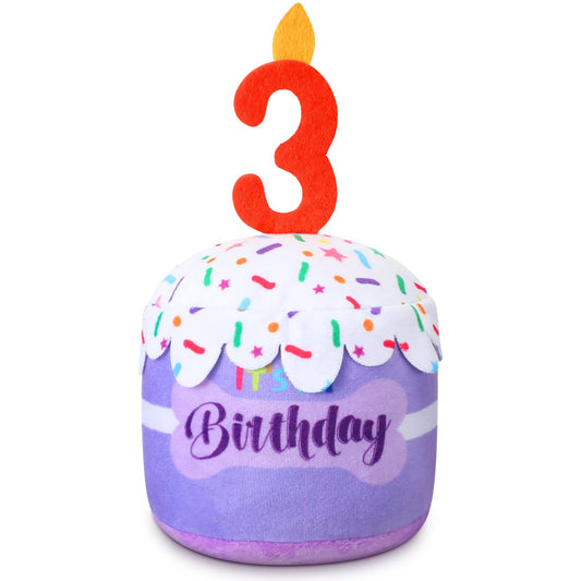Dansydaisy dog 3rd birthday cake toy in purple for playful celebrations.