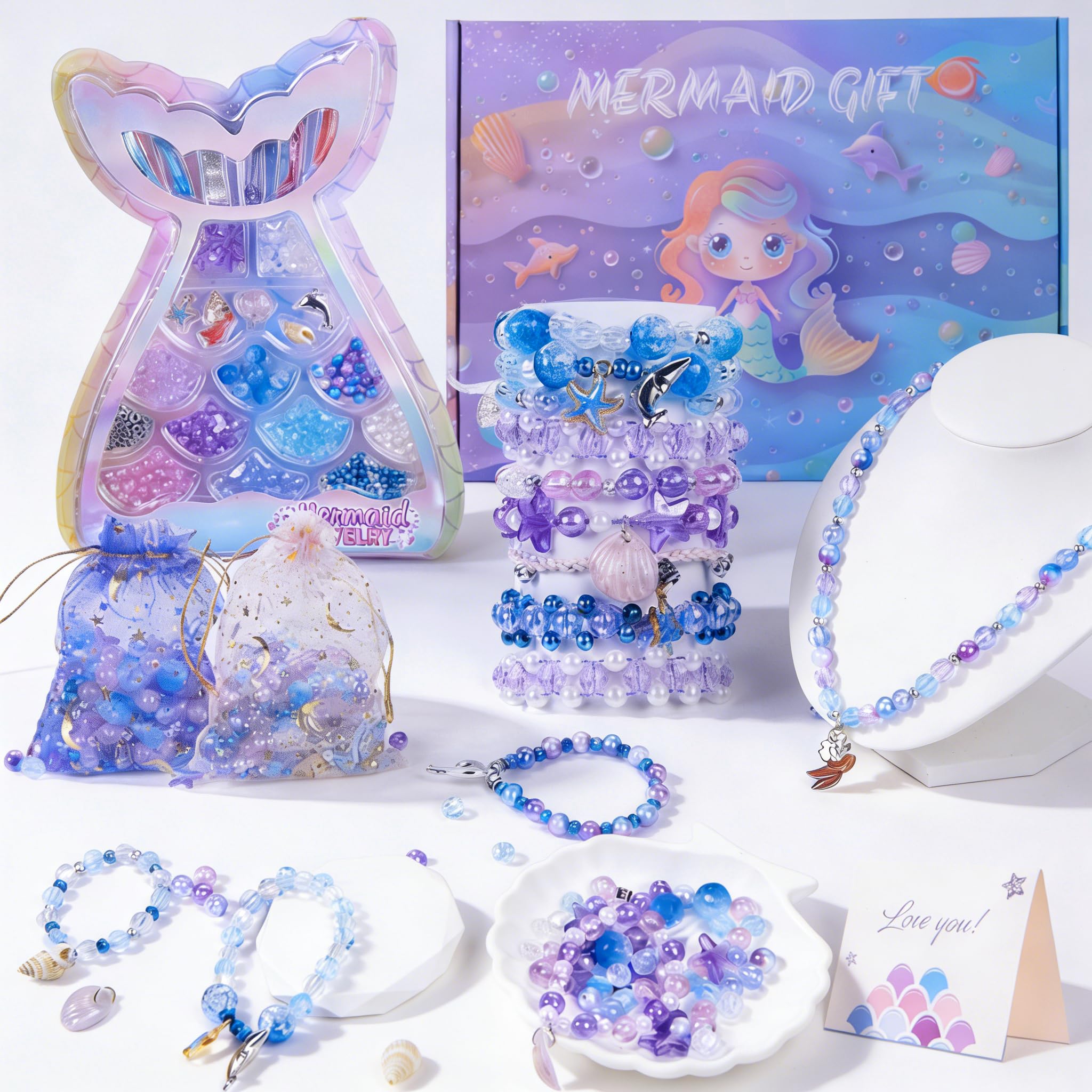 Danvren Mermaid Bracelet Kit contents with beads and charms for creative jewelry making