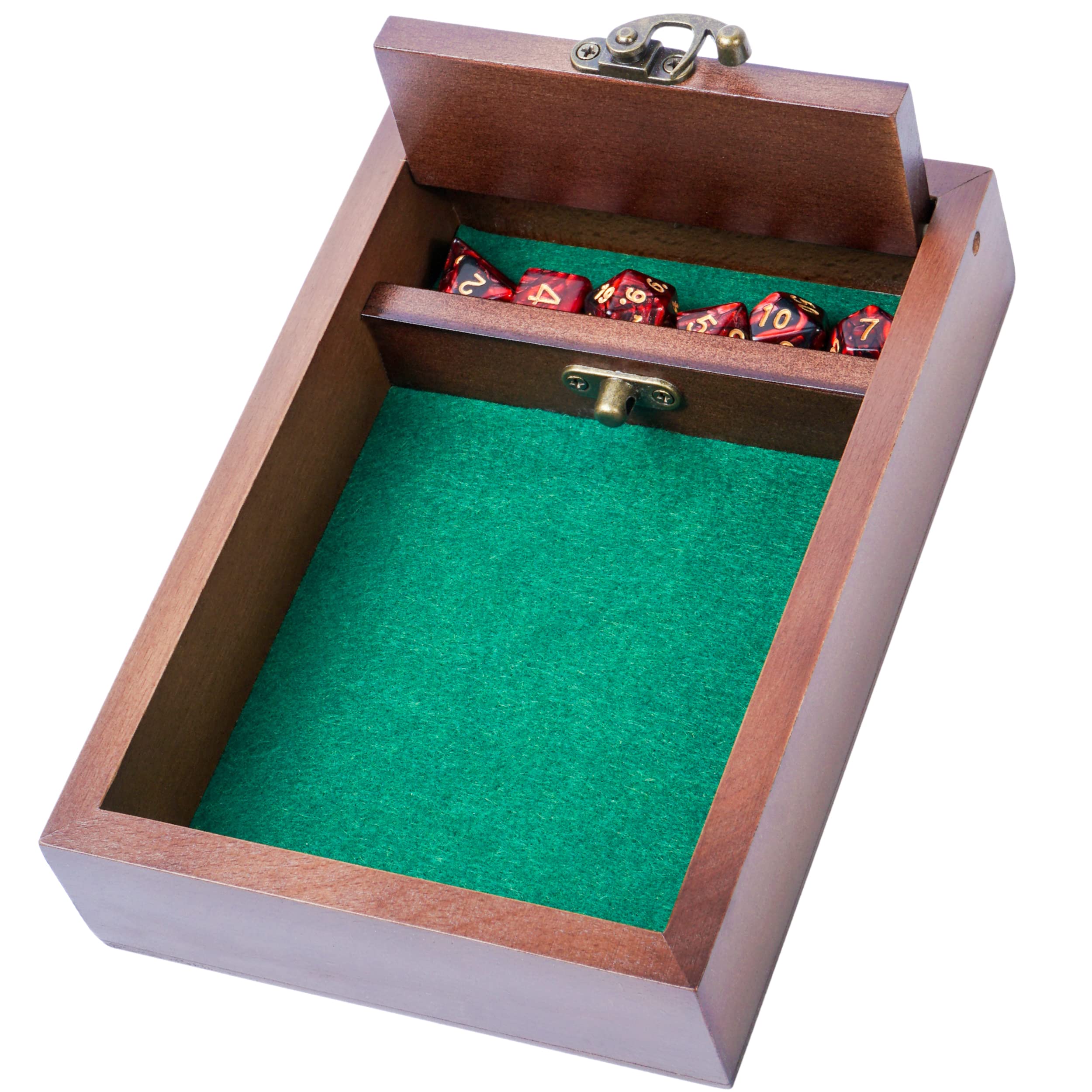 Dark green felt base cushions dice rolls on Wooden D&D Dice Tray.
