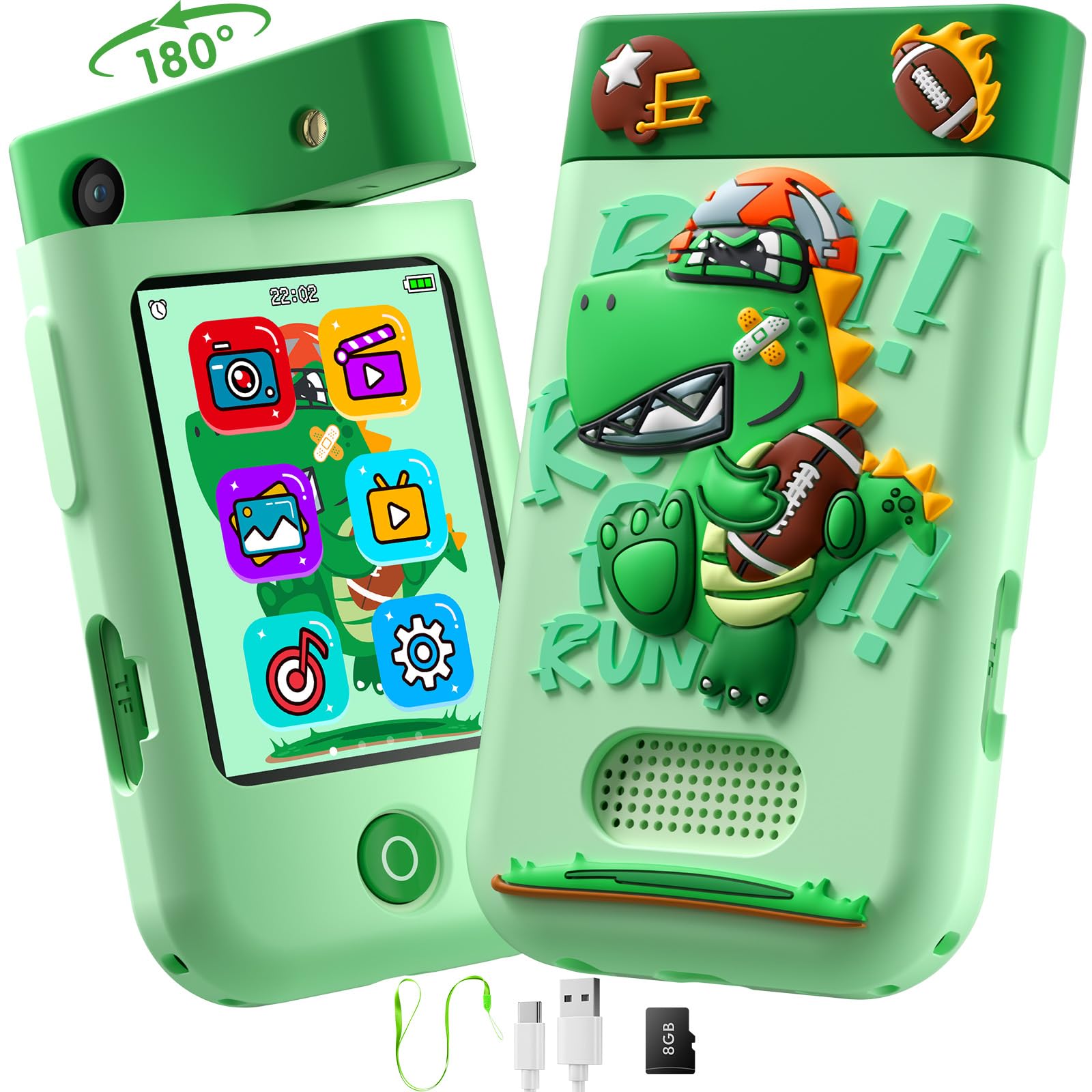 DARME Kids Smart Phone with green dinosaur case, front view for imaginative play