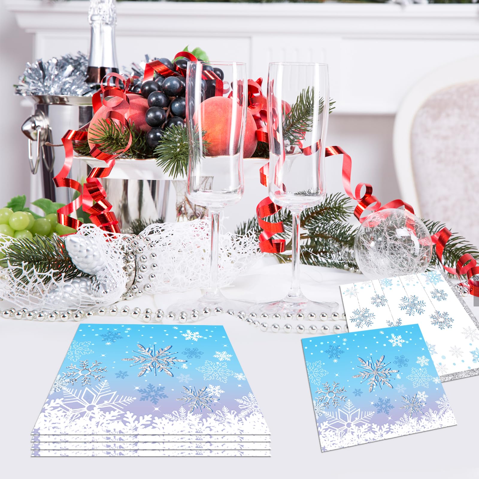 Closeup of blue snowflake napkin design by Darneidra for coordinated tables