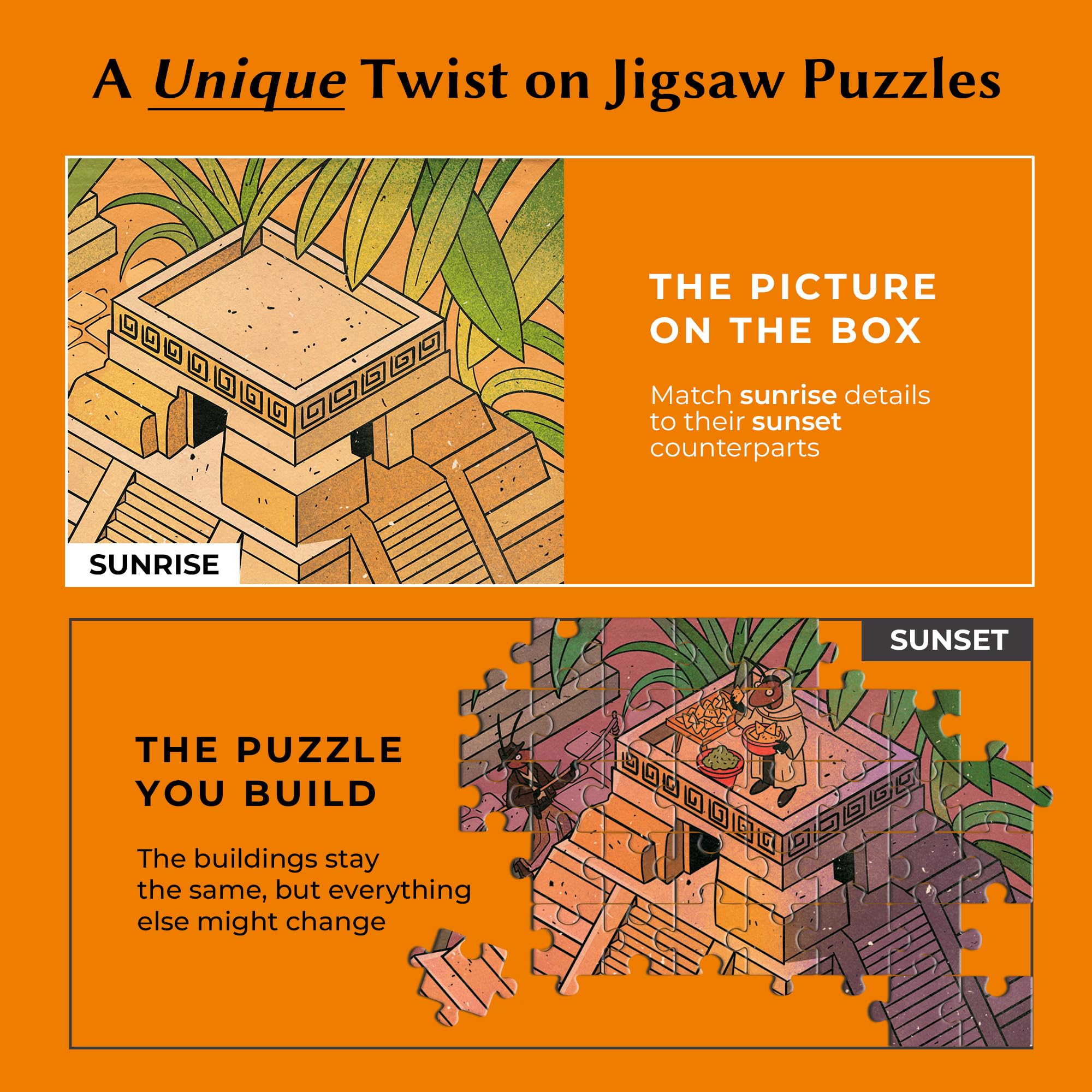 Da Vinci's Room Time Warp puzzle pieces reveal sunset hues as you assemble.