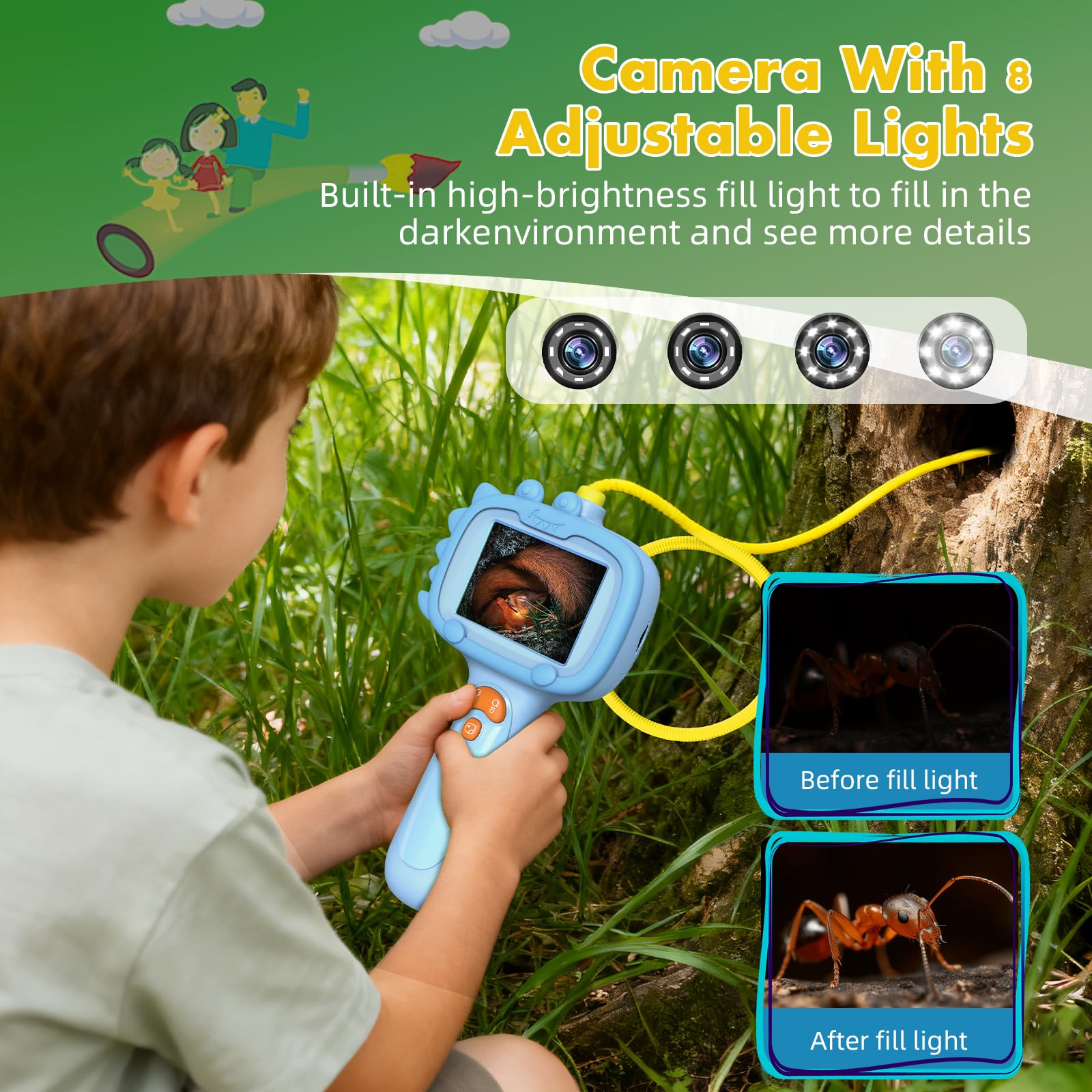 Blue LED lighting enhances low-light viewing during outdoor adventures.