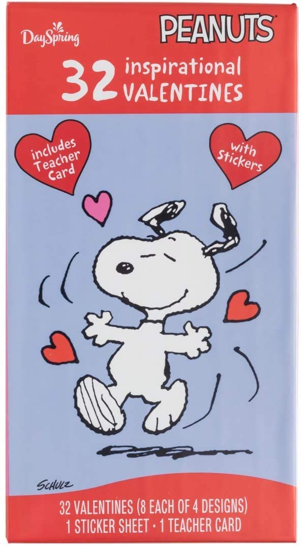 Dayspring Peanuts valentines box with Snoopy designs for classroom sharing.