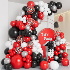 DBKL balloon arch kit setup with red, black, white balloons for events.