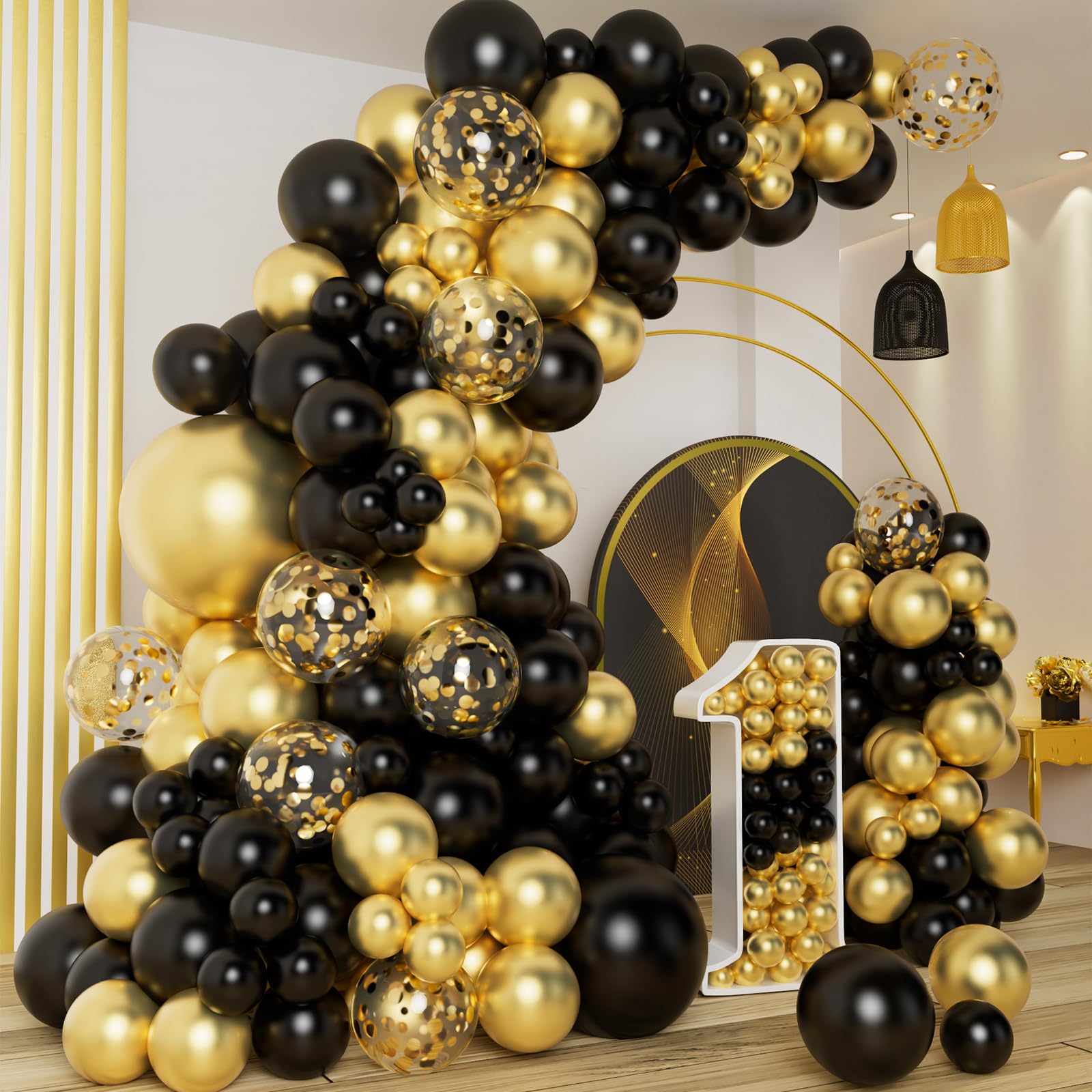 DBKL Black & Gold Balloons Arch Kit forms a dramatic centerpiece for celebrations.