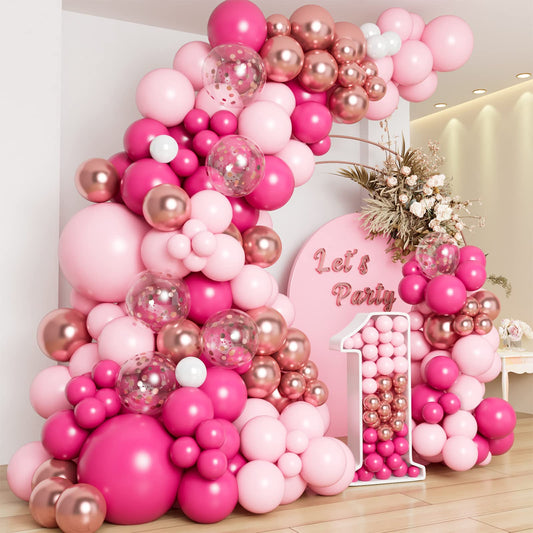 DBKL pink balloon garland arch kit set up as bright party backdrop