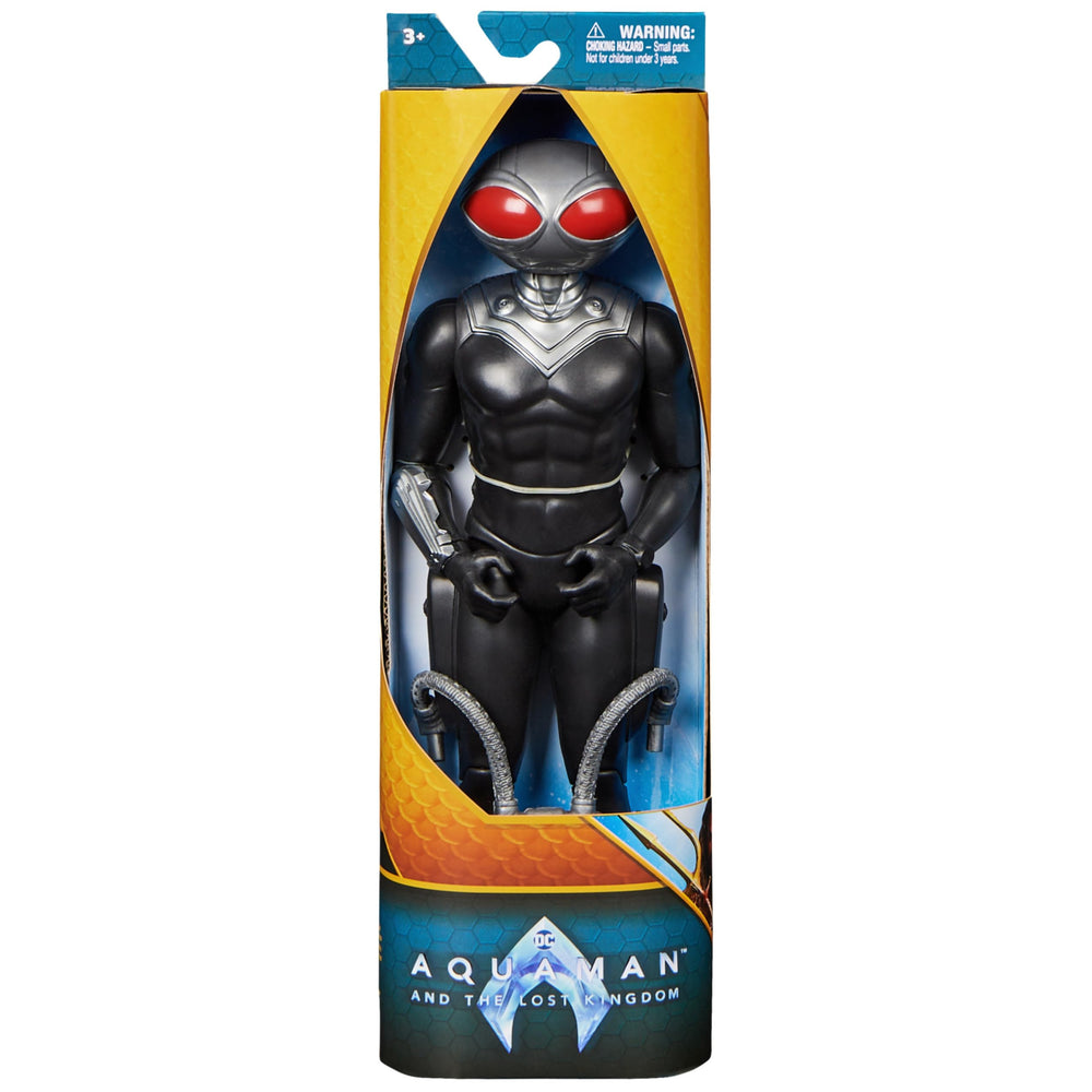 Close-up of detailed sculpt on DC Comics Black Manta 12-inch figure for display.