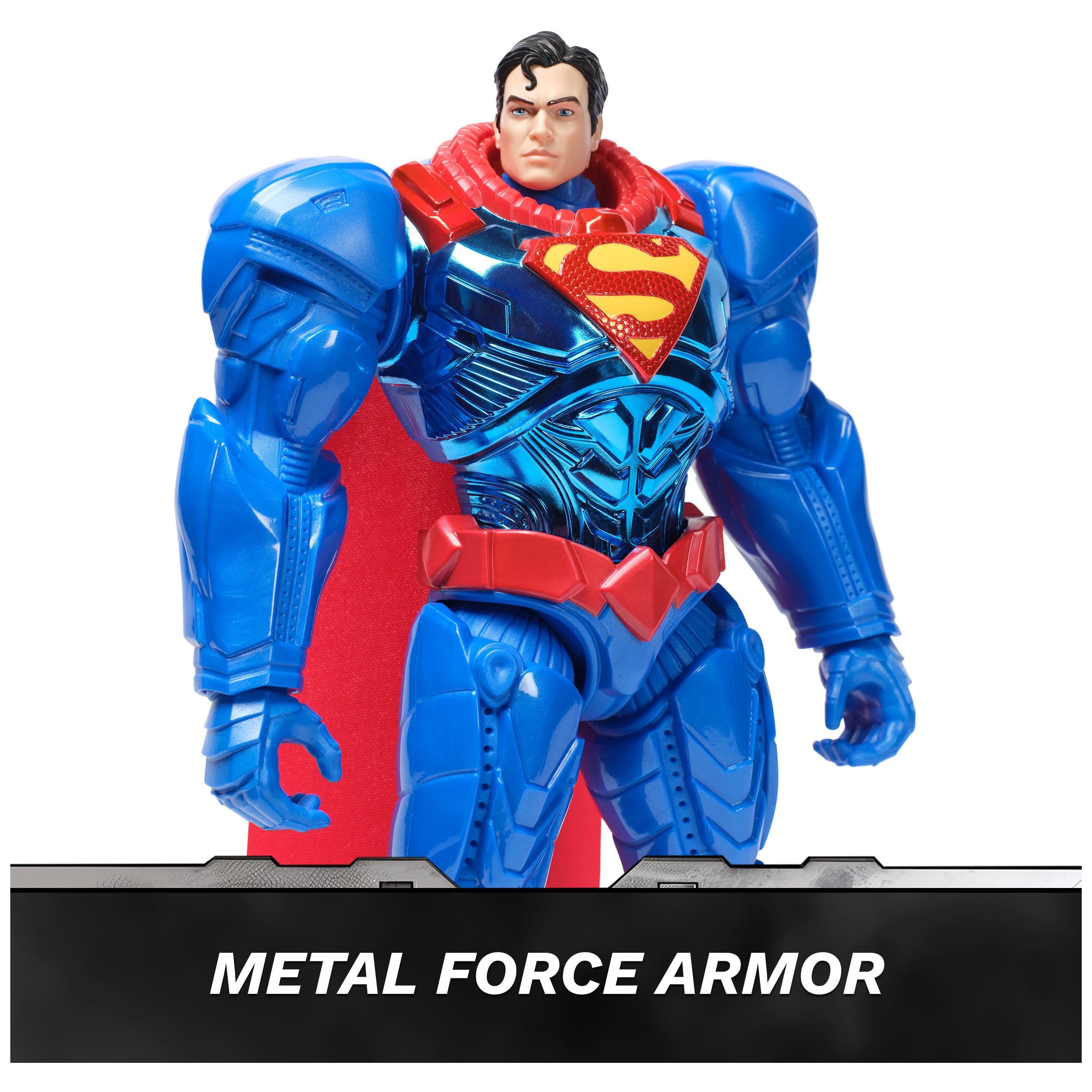 DC Comics Metal Force Superman armor close-up highlighting heroic detailing.