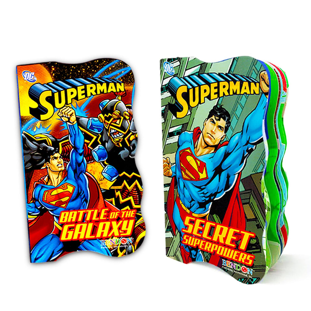 DC Comics Superman board books display sturdy pages for little readers on-the-go.