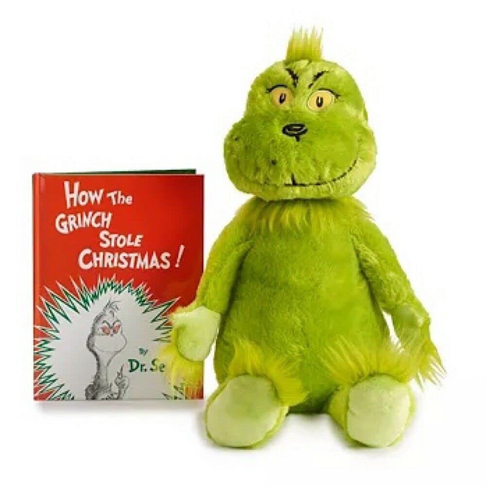 DCV Dr. Seuss Grinch plush with illustrated book for cozy reading and holiday gifting.