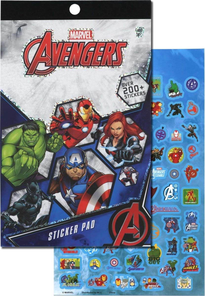 DDI Avengers foil sticker pad cover showcases vibrant stickers for decorating notebooks and gear.