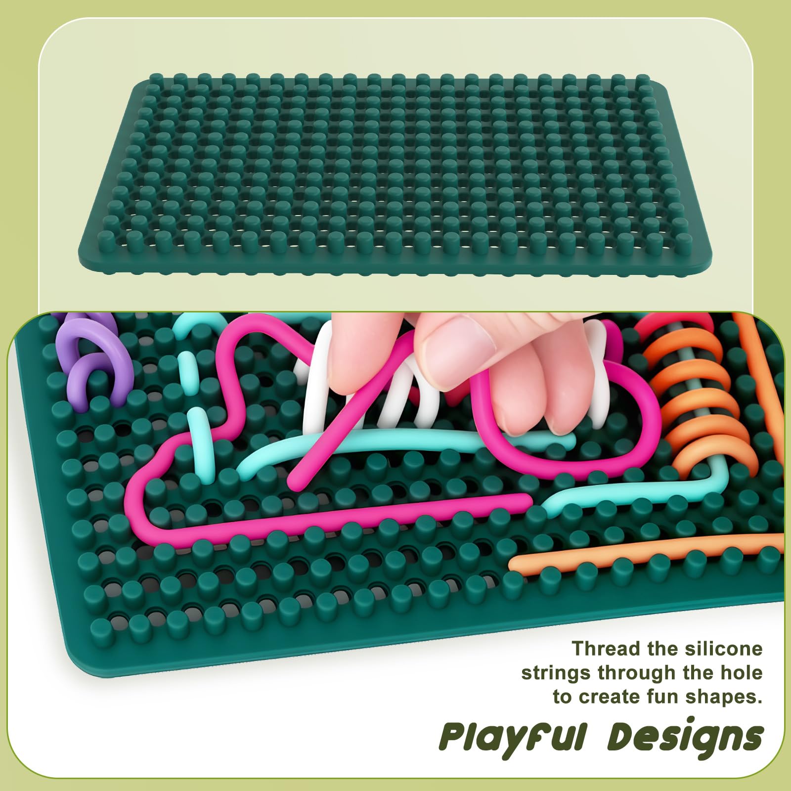 ddLUCK Knitted sensory board with threading through holes to build fine motor skills.