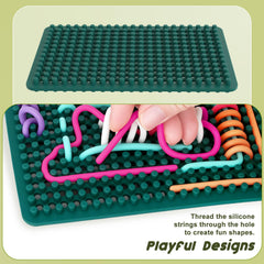 ddLUCK Knitted sensory board with threading through holes to build fine motor skills.